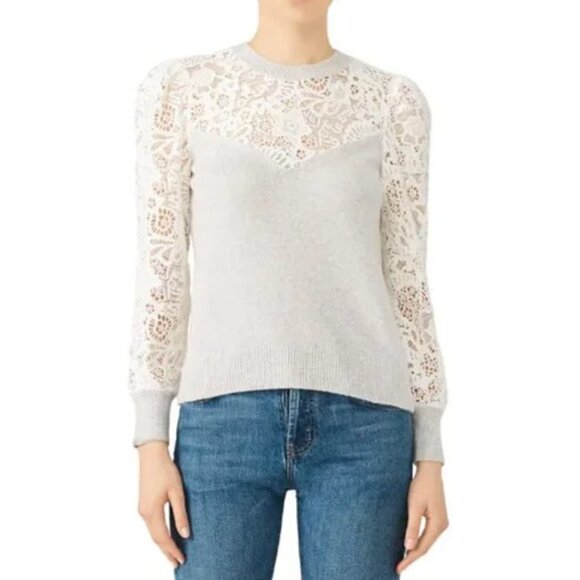 Rebecca Taylor Illusion Scalloped Lace Gray Wool Boho Chic Sweater Size Small/XS - Picture 2 of 8